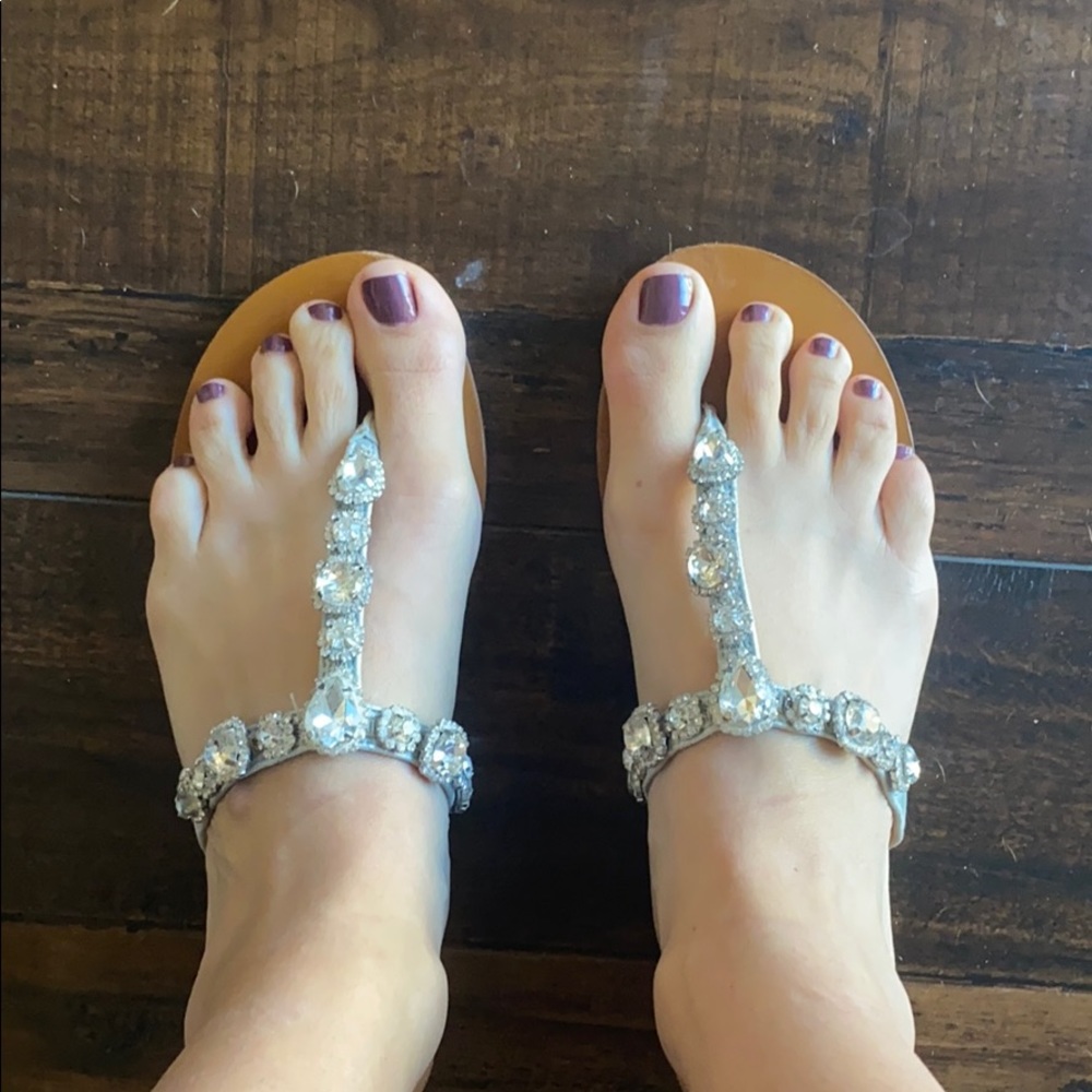 Badgley Mischka Crystal T-Strap Flat Sandals - Silver/Gold Embellished